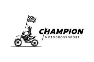 motocross logo diseño, campeón motocross vector ilustración con celebracion concepto con bandera