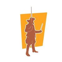 Silhouette of a musketeer soldier holding a sword. Silhouette of a man in medieval royal soldier costume with cavalier hat and sword weapon. vector