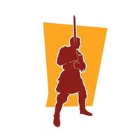 Silhouette of an royal soldier carrying sword in battle pose. Silhouette of a male gladiator warrior in action pose with his sword blade weapon. vector