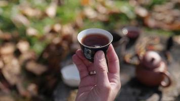 kom van pu-erh thee in een man's hand- video