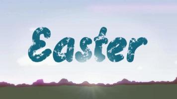 Doodle Style Easter Heading Against 2D Illustration of Evening Field Landscape with Lens Flares video