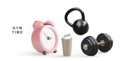 3d realistic clock, shacer, kettlebell and dumbbell - gym time concept. Vector illustration.