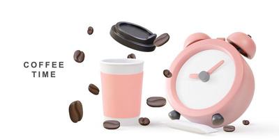 3d realistic banner with realistic clock, paper coffee cup, stick sugar and coffee beans. Vector illustration.