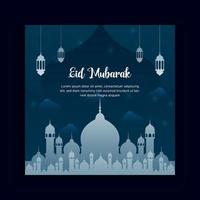 Ramadan Kareem and Eid Mubarak Social Media Post Design Template with silhouette Mosque Background vector