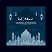 Ramadan Kareem and Eid Mubarak Social Media Post Design Template with silhouette Mosque Background vector