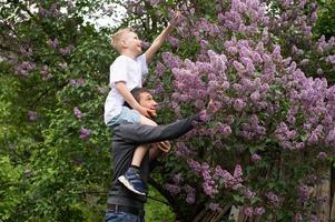 el chico es sentado en de papá espalda, y ellos son reír. alcanzando para flores foto