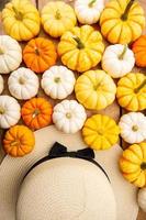 Yellow orange and white pumpkins are lying on a wooden table next to the hat photo