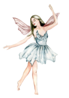 Watercolor cartoon fairy with magic wings. Watercolor hand draw fairy tale illustration. Illustartion on white isolated background. Perfect for greeting card, poster, wedding invitation, party decor png