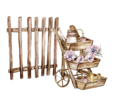 Watercolor composition of an old wooden cart and pink flower.An old rusty enamel element. Hand-drawn illustration with watercolour on a white background.Perfect for wedding invitation, greetings card. png