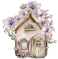 Watercolor composition of an old wooden farm house and pink flower  . Hand drawn illustration with watercolour on a white background. Perfect for wedding invitation, greetings card. png