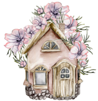 Aquarell Komposition von ein alt hölzern Bauernhof Haus und Rosa Blume . Hand gezeichnet Illustration mit Aquarell auf ein Weiß Hintergrund. perfekt zum Hochzeit Einladung, Schöne Grüße Karte. png