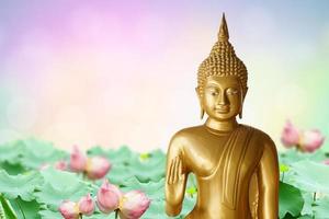 Makha Asanaha Visakha Bucha Day Golden Buddha image. Background of Bodhi leaves with shining light. Soft image and smooth focus style photo