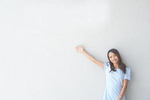 Happy Asian woman in a coffee shop text input background photo