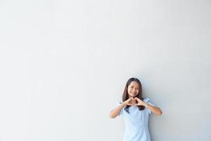 Happy Asian woman in a coffee shop text input background photo