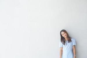 Happy Asian woman in a coffee shop text input background photo