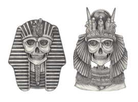 Art fantasy couple cleopatra and pharaoh skulls. Hand drawing on paper. png