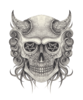Art fantasy surreal devil skull tattoo. Hand drawing on paper. png