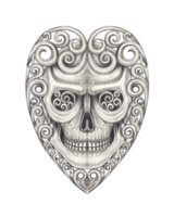 Art vintage heart mix skull. Hand drawing on paper. png