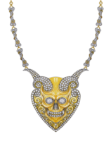 Jewelry design fantasy devil skull set with diamond gold necklace. Hand drawing and painting on paper. png