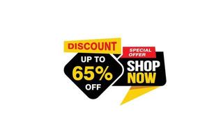 65 Percent SHOP NOW offer, clearance, promotion banner layout with sticker style. vector