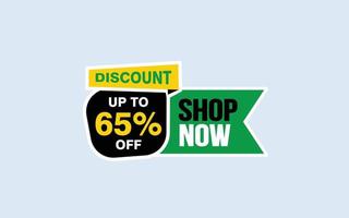 65 Percent SHOP NOW offer, clearance, promotion banner layout with sticker style. vector