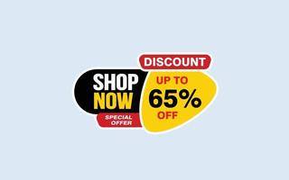 65 Percent SHOP NOW offer, clearance, promotion banner layout with sticker style. vector