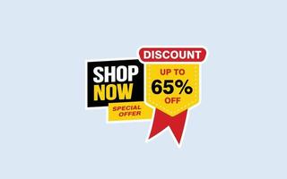 65 Percent SHOP NOW offer, clearance, promotion banner layout with sticker style. vector