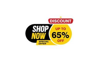 65 Percent SHOP NOW offer, clearance, promotion banner layout with sticker style. vector