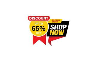 65 Percent SHOP NOW offer, clearance, promotion banner layout with sticker style. vector