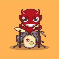 cute cartoon devil playing drums vector