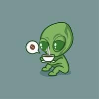 cute cartoon alien enjoying coffee vector