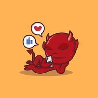 cute cartoon devil with smartphone vector