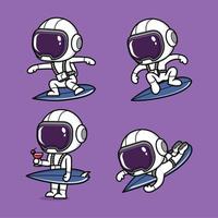 linda dibujos animados astronauta surf deporte vector