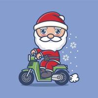 linda dibujos animados Papa Noel claus montando un moto vector