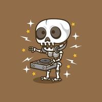 cute cartoon skull playing dj vector