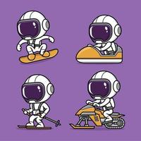 linda dibujos animados astronauta nieve deporte vector