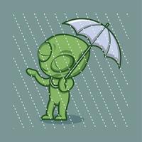 cute cartoon alien wearing umbrella vector