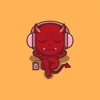 cute cartoon devil listening music with headphone vector