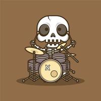 cute cartoon skull playing drums vector