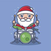 linda dibujos animados Papa Noel claus jugando tambores vector