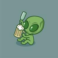 gracioso dibujos animados extraterrestre con cerveza vector