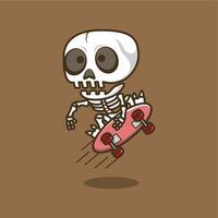 linda dibujos animados cráneo jugando patineta vector