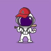 linda dibujos animados astronauta jugando béisbol vector