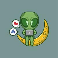 cute cartoon alien with laptop vector