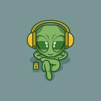 cute cartoon alien listening to music vector