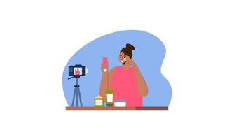 Beauty blogger recording makeup tutorial video for her vlog illustration vector