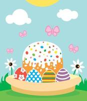 Happy Easter background card with cake and eggs vector