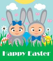 Happy Easter background with kids in rabbits costume vector
