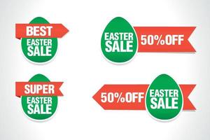 Easter green sale tag set. Green eggs with red ribbons vector