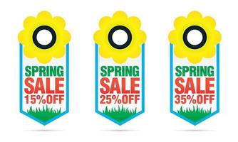 Set of colorful Spring sale badges 15, 25, 35 off with flower. vector